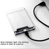 A transparent enclosure for a 2.5-inch drive, featuring a blue indicator light and a black cable.