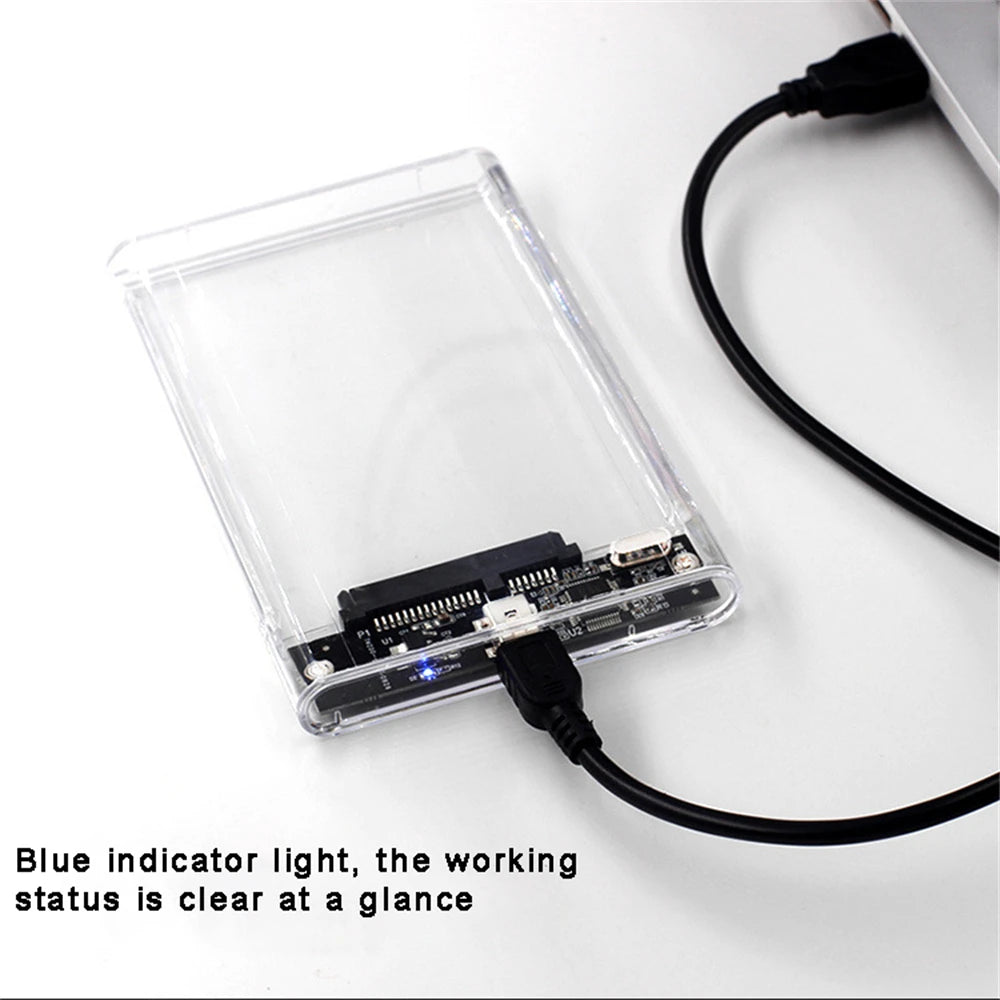 A transparent enclosure for a 2.5-inch drive, featuring a blue indicator light and a black cable.