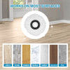 Microfiber mop head refill works on most surfaces, shown with various material examples.