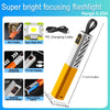 A yellow and white rechargeable LED flashlight with a focus and concentrate feature, showing various accessories and specific