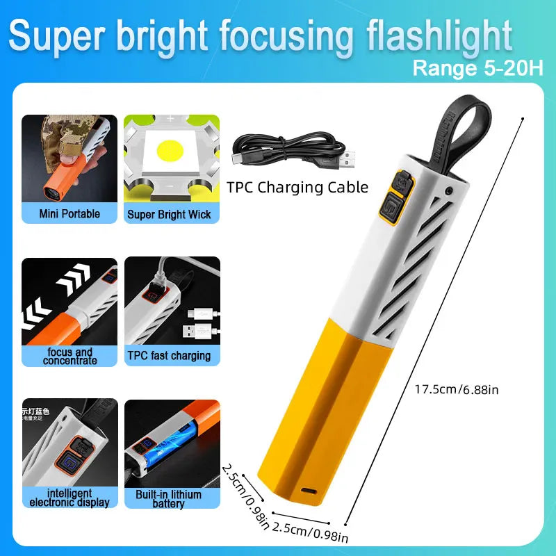 A yellow and white rechargeable LED flashlight with a focus and concentrate feature, showing various accessories and specific