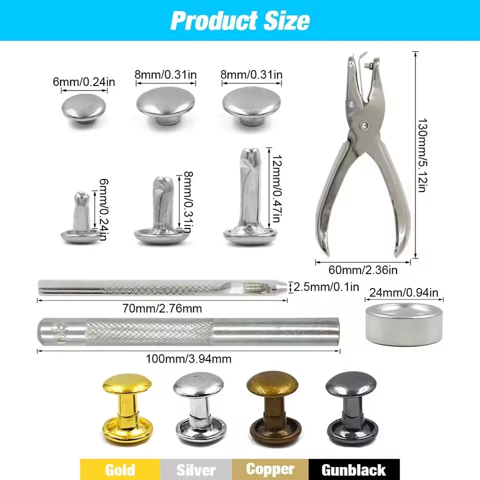 Metal Double Cap Rivets with Setting Tool Kit for Leathercraft & Repairs