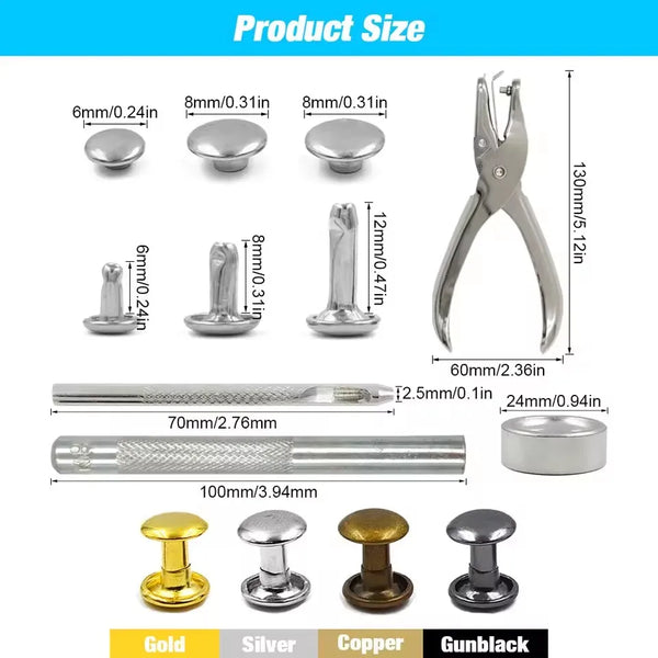 Metal Double Cap Rivets with Setting Tool Kit for Leathercraft & Repairs