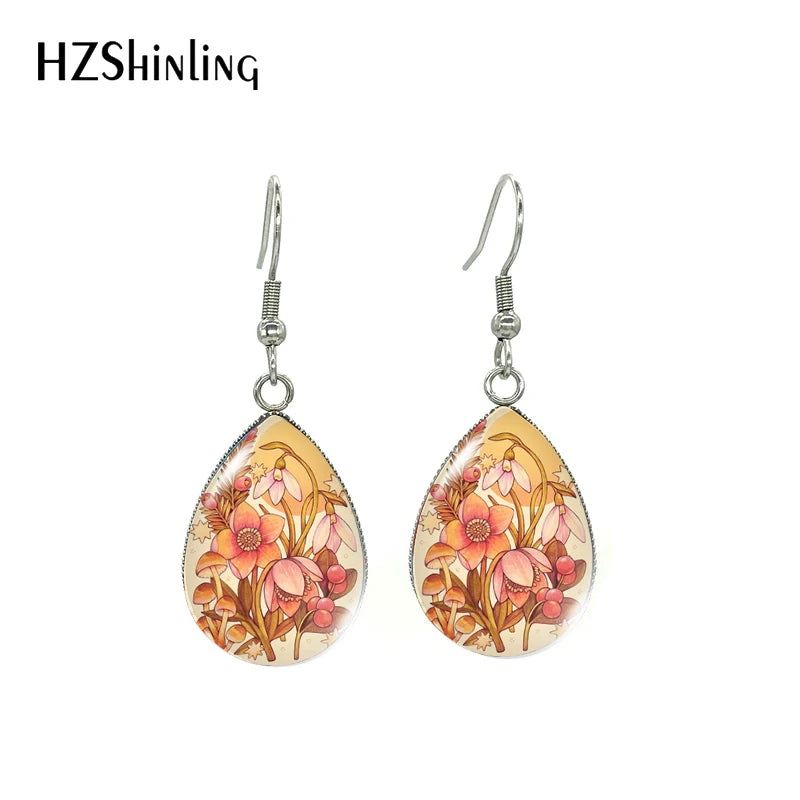 Aretes de Aro en Forma de Lágrima con Arte de Abeja y Flores