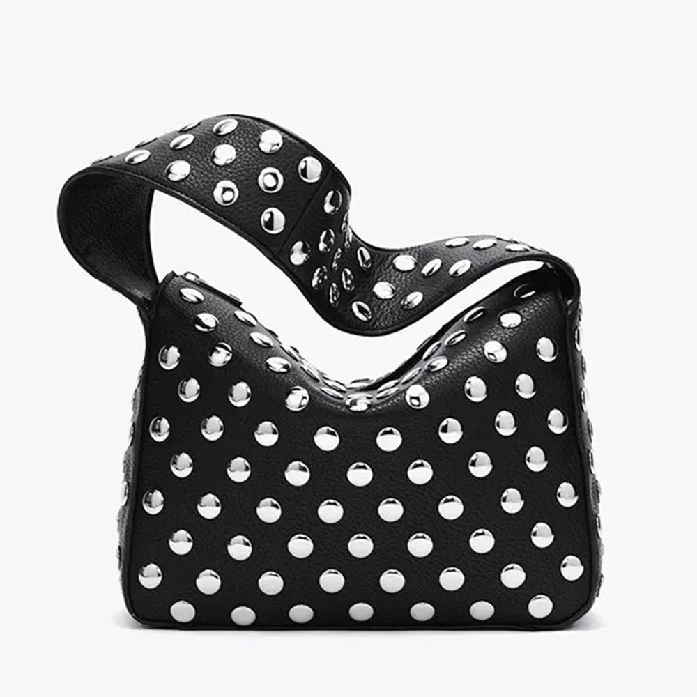 Black Rivet Shoulder Bag with Motorcycle Edge