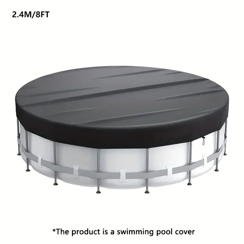 A round above-ground swimming pool cover with a black top and white sides.