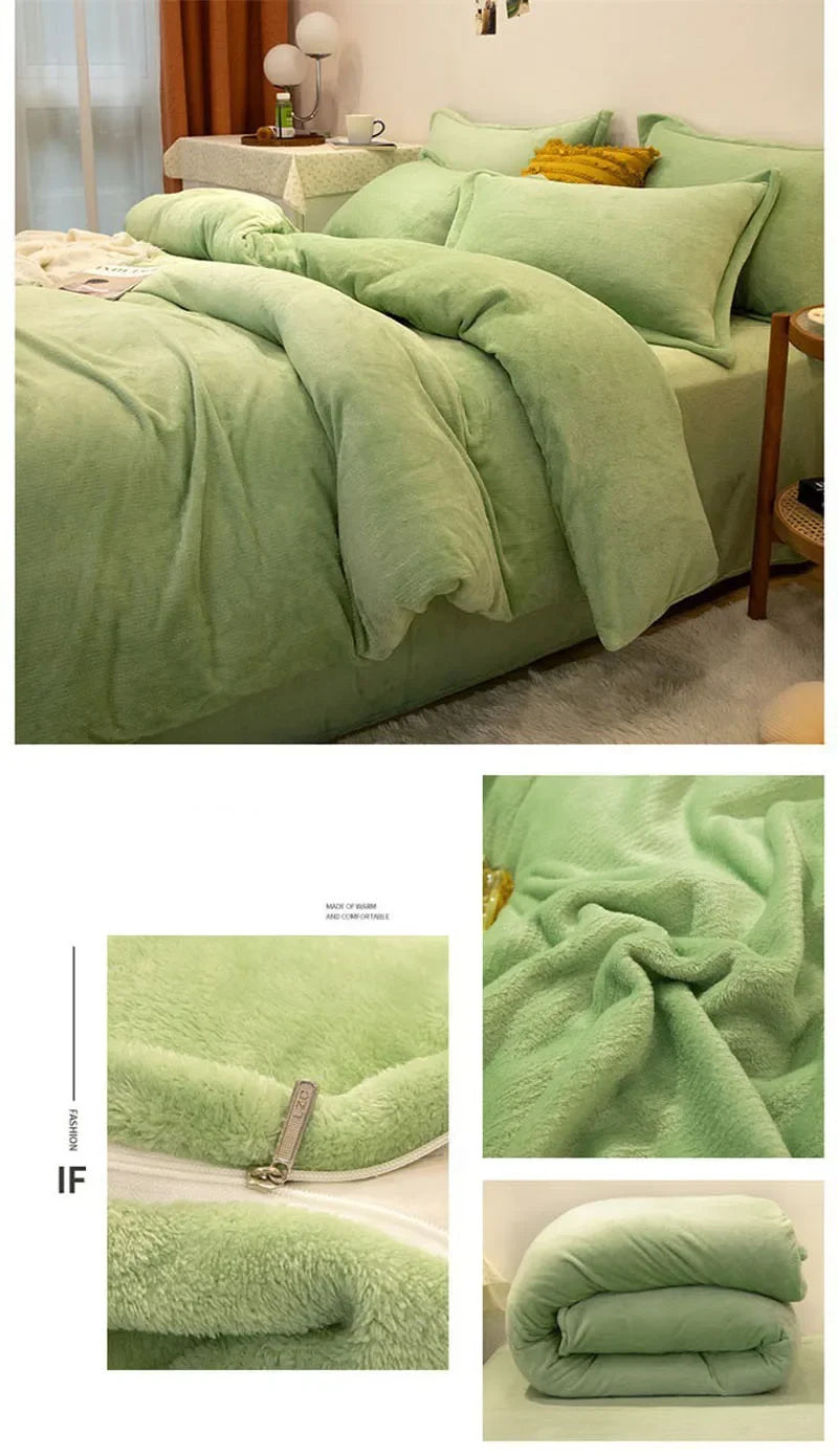 A light green cozy flannel duvet cover with a zipper, shown draped on a bed.