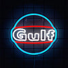 A glowing neon sign shaped like a Gulf symbol with the word Gulf in white and red light against a dark background.