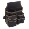 A black and brown heavy-duty tool waist bag with multiple compartments and pockets.
