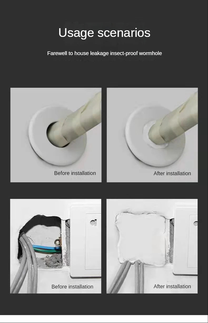 Vorher und nach der Installation von Dichtmuff zum Schutz vor Insekten-Würmern bei Hausreparaturen.