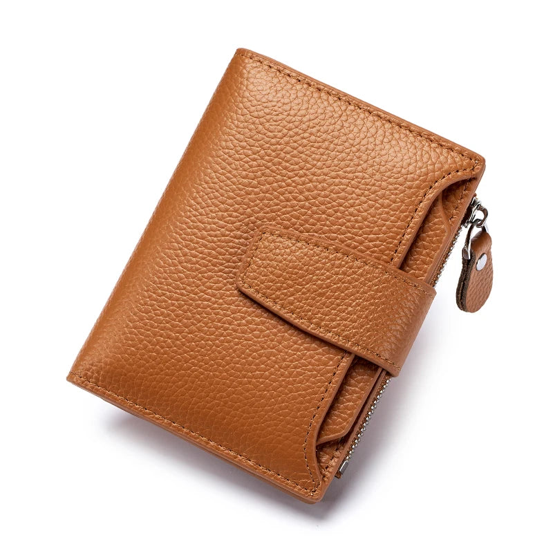 A brown genuine leather RFID blocking bifold wallet shown from above.