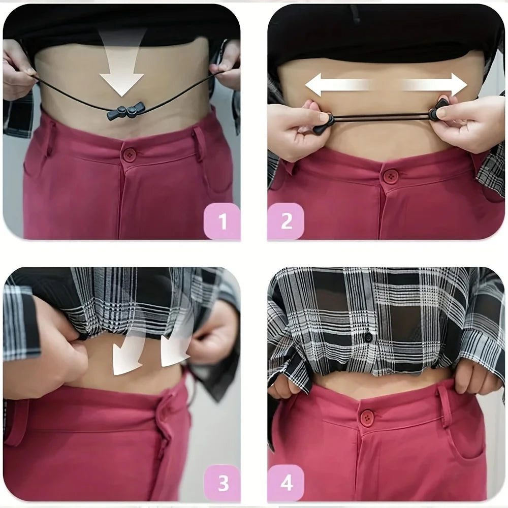 Four panels showing how to use adjustable tuck bands for sweaters and shirts on the torso.