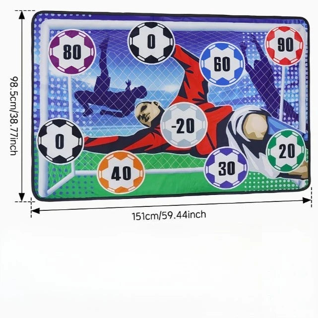 A portable soccer target game set featuring various numbered targets and players on a green field.