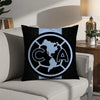 A black decorative pillow featuring a white circular logo with the letters CA inside.