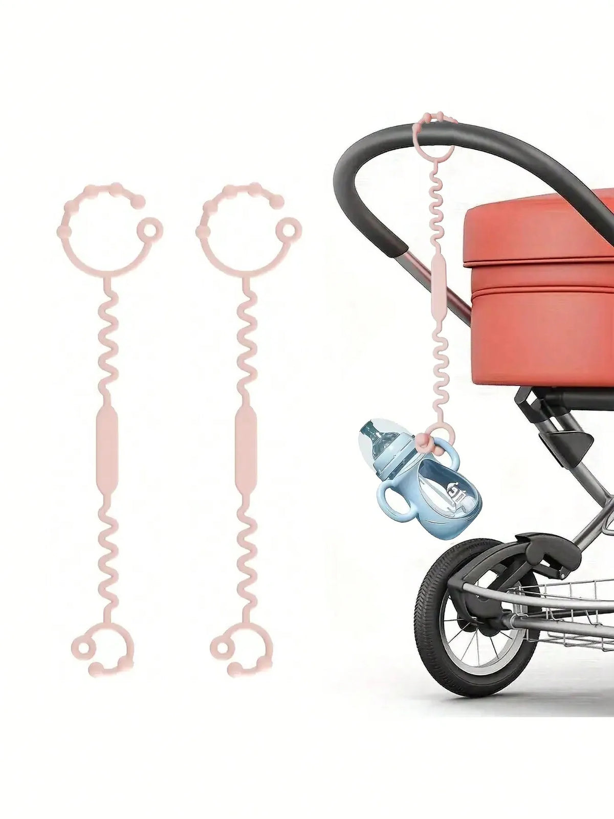 A silicone anti-drop pacifier clip with teether is shown hanging from a red baby carrier.