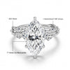 A silver engagement ring featuring a 1.5mm x 3mm 16P zircon setting and a 7x14mm 3ct moissanite stone.