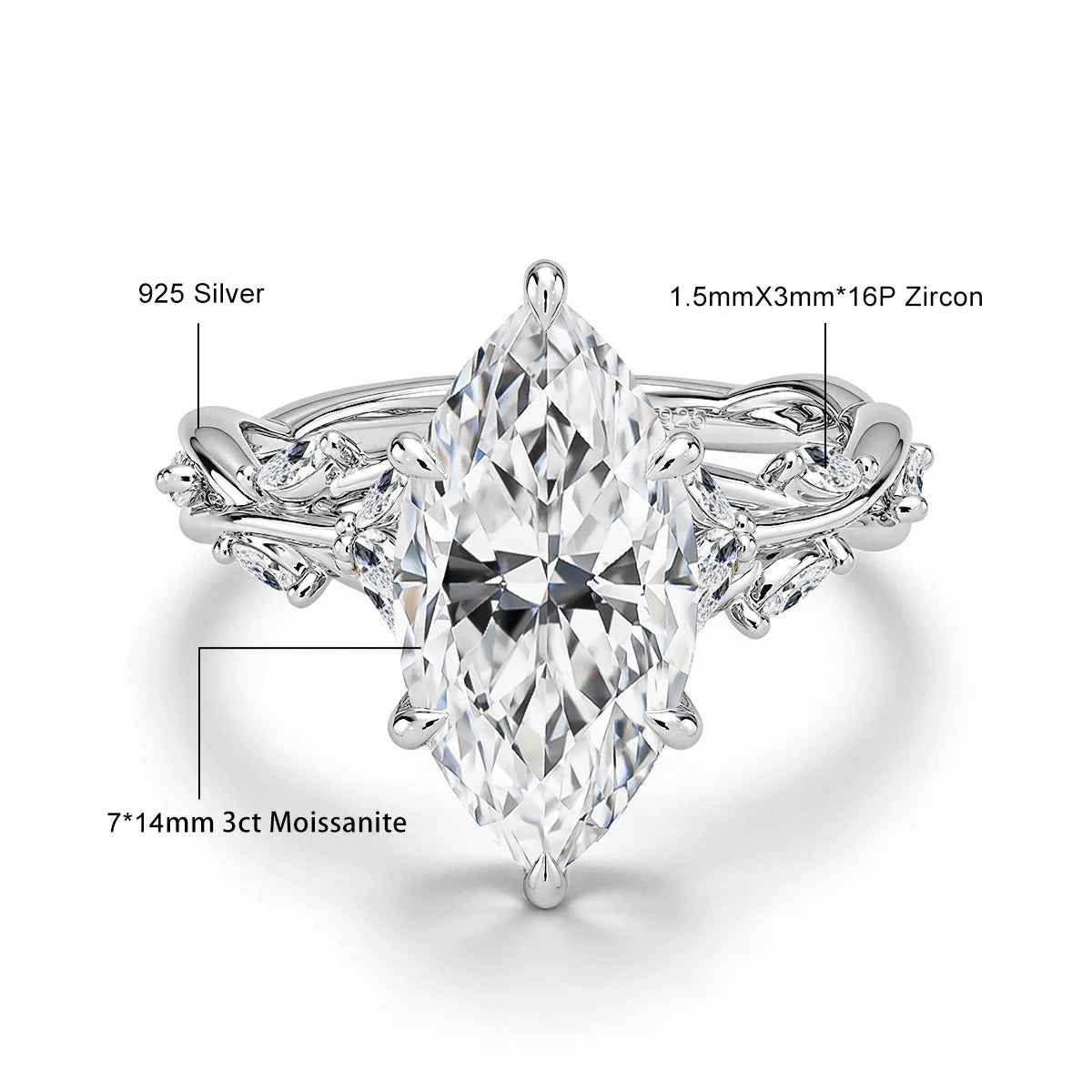 A silver engagement ring featuring a 1.5mm x 3mm 16P zircon setting and a 7x14mm 3ct moissanite stone.