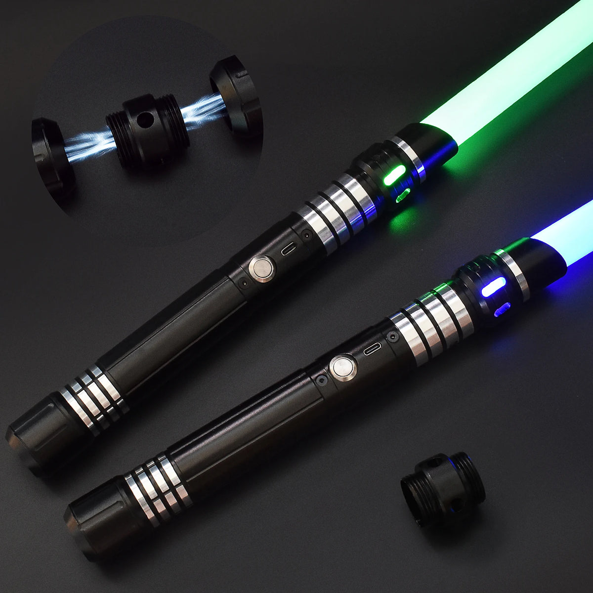 A black lightsaber with a glowing green blade and sound effects is shown against a dark background.