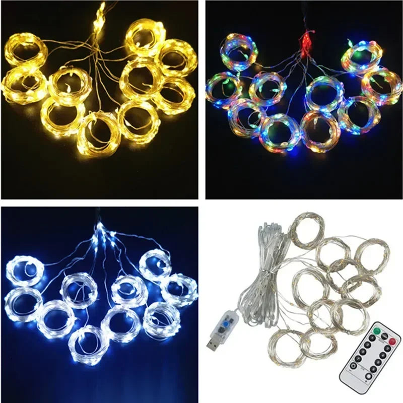 A set of USB LED curtain string lights with a remote control, featuring multiple modes for various decorations.