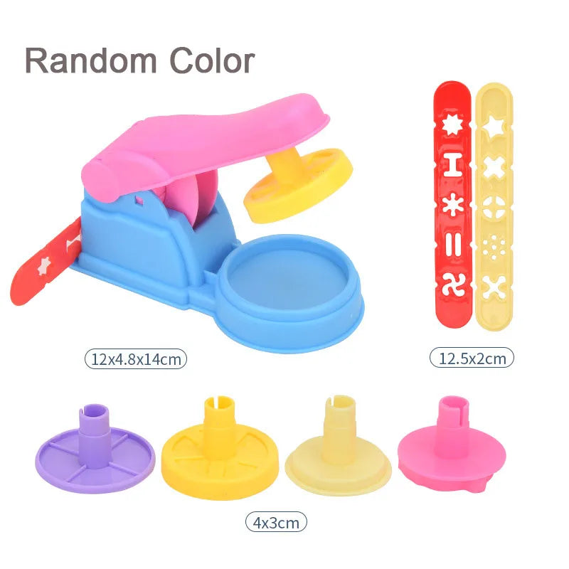 A set of random color animal-shaped playdough tools including a pink and yellow tool and several round molds.