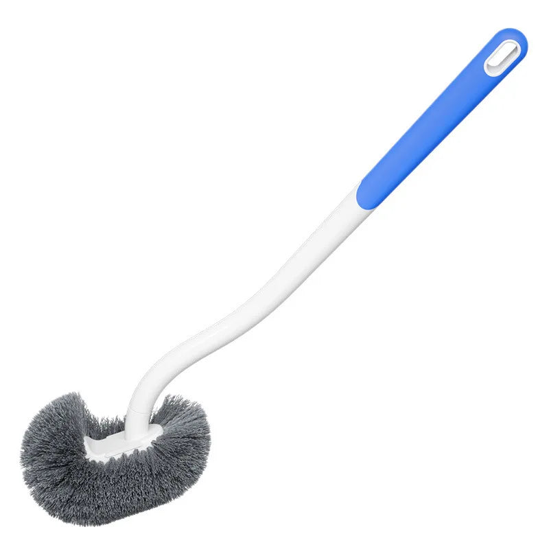 A white and blue novelty toilet brush with a stand and a grey brush head.