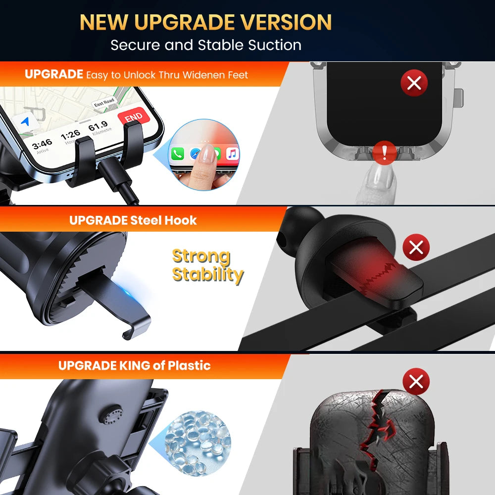 Upgrade version of a universal car phone mount showing various upgrade features like secure suction, steel hook, and plastic 