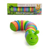A colorful, segmented caterpillar fidget toy with a green head and body is shown.