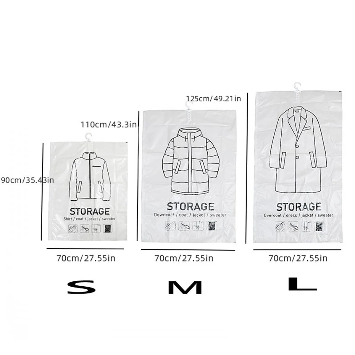 Three sizes of hanging vacuum storage bags for clothes, labeled S, M, and L.