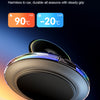 A close-up view of a black wireless car charger mount with an RGB ambient light and 360° rotation feature.