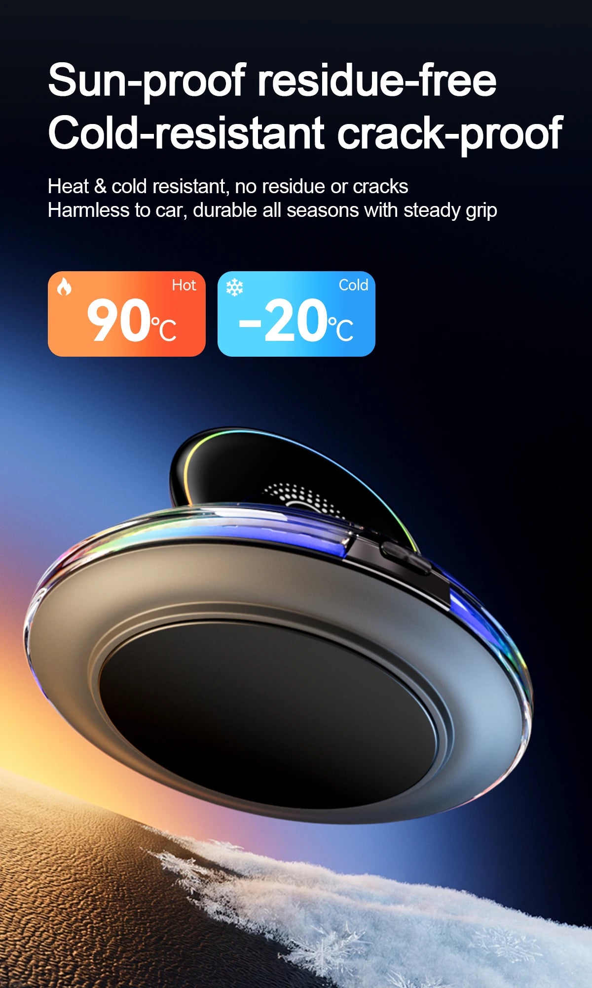 A close-up view of a black wireless car charger mount with an RGB ambient light and 360° rotation feature.