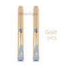 A pair of gold reusable metal injection pens with silver tips shown against a white background.
