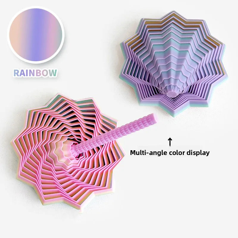 A multi-angle color display 3D illusion fidget star toy showing a rainbow gradient pattern.