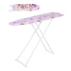 A pink floral patterned foldable ironing board with a white metal frame.