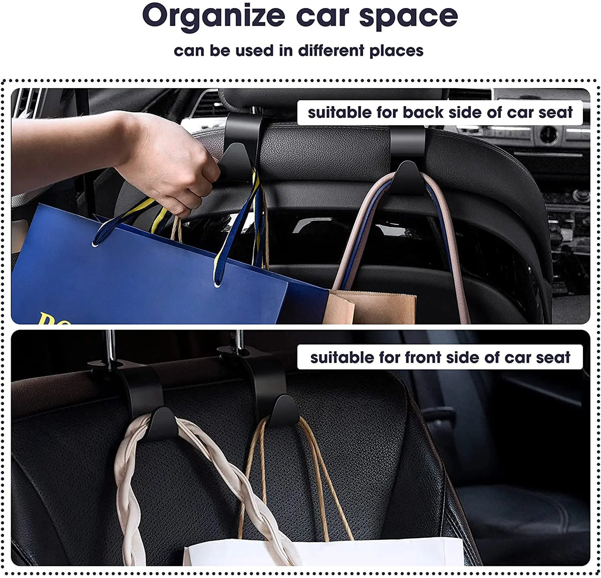 Four car seat headrest hooks are shown suitable for organizing bags on the back and front sides of a car seat.