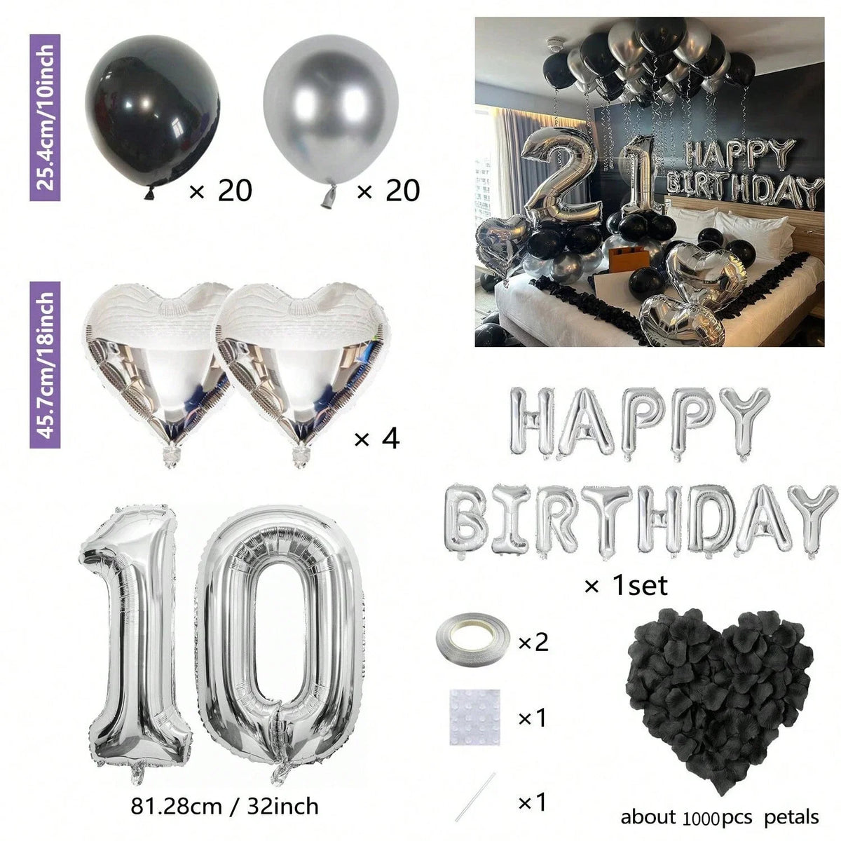 Set mit Partyballons in Schwarz und Silber, herzförmigen Folienballons und Zahlenballons