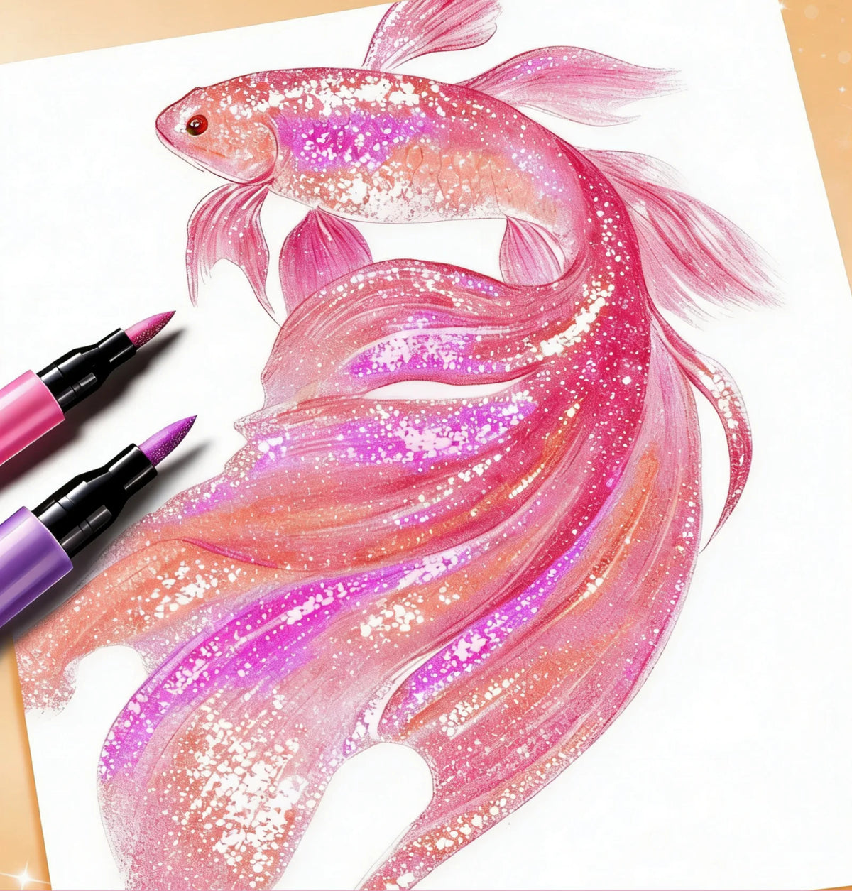 A watercolor illustration of a pink and purple fish with glitter effects, next to art markers.