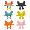 A set of five colorful 3D sponge holders with hanging designs in pink, yellow, blue, orange, and black.