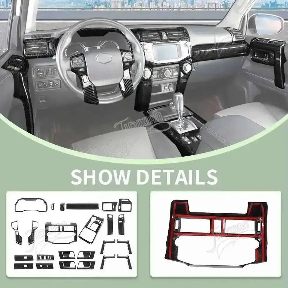 Close-up view of a Toyota 4Runner interior showing carbon fiber trim installation details.