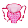 Pink doll carrier backpack with a floral pattern and adjustable straps