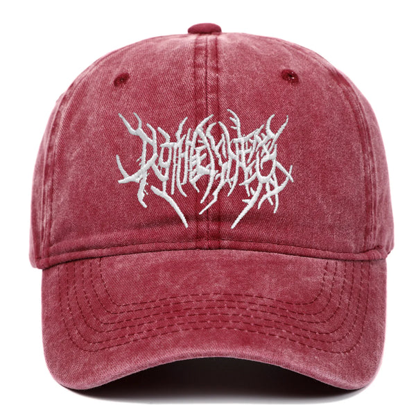 A maroon embroidered rock-style baseball cap with white skull graphics.
