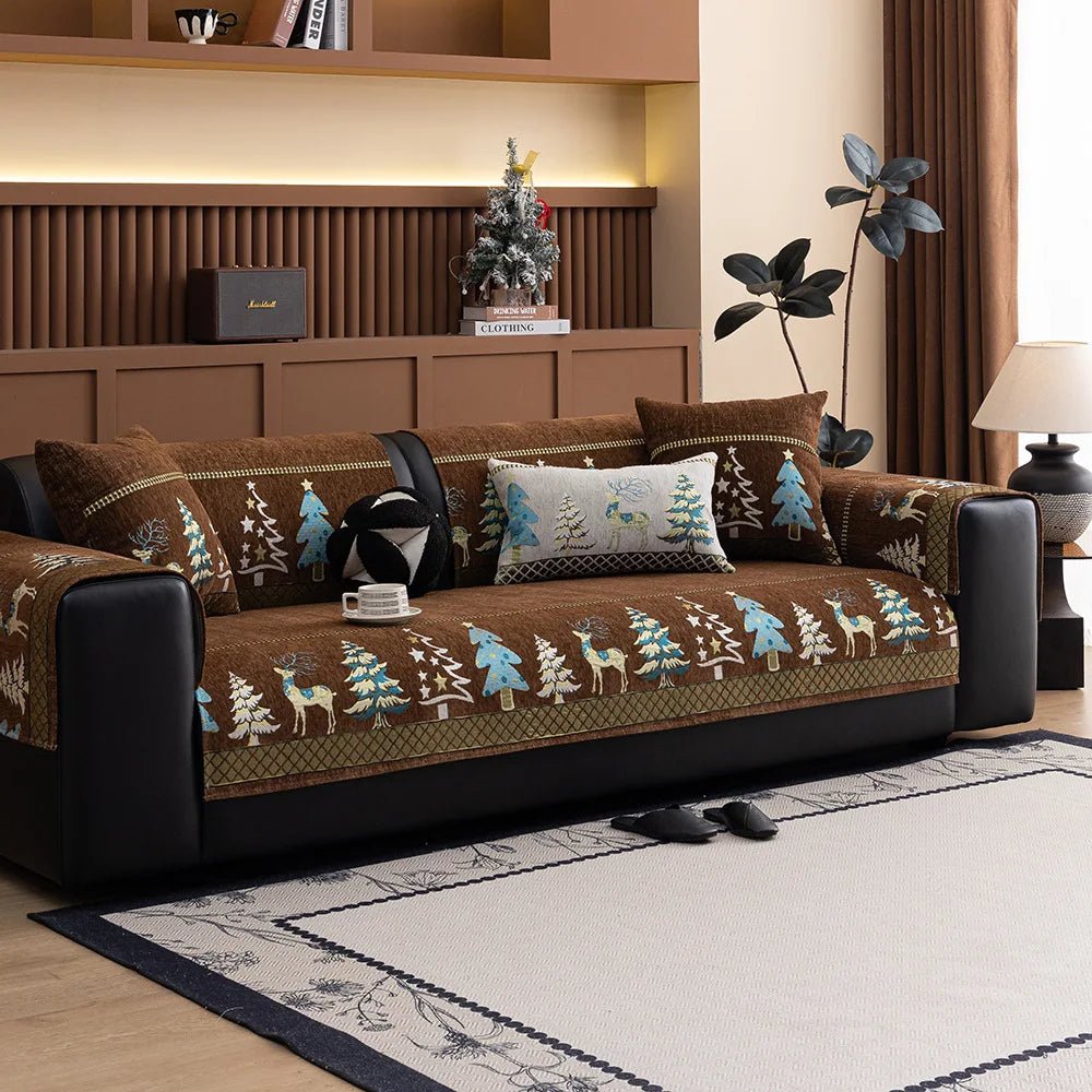 Festive Chenille Christmas Sofa Cover with Deer & Tree Pattern