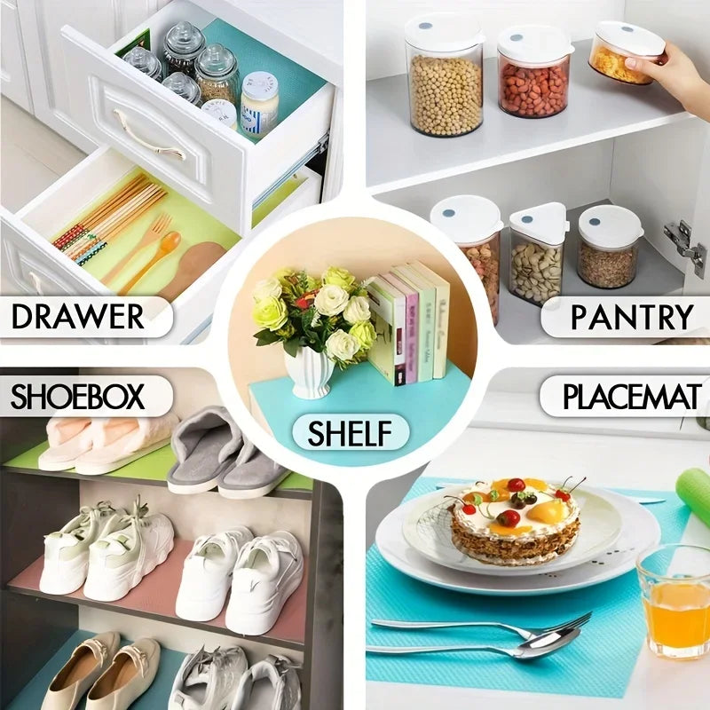 A set of EVA refrigerator shelf liners and mats for organizing and protecting food in the fridge.