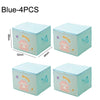 Four blue storage boxes with happy pink animal designs shown from the top and side.