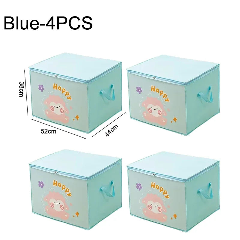 Four blue storage boxes with happy pink animal designs shown from the top and side.