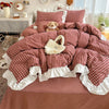 Red and Black Plaid Duvet Cover Set with Lace Embroidery