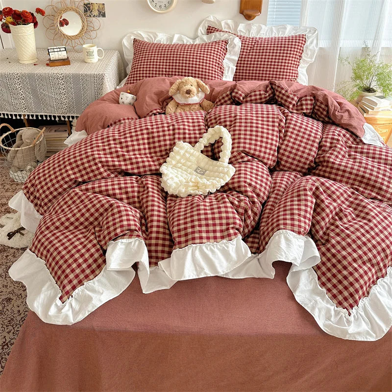 Red and Black Plaid Duvet Cover Set with Lace Embroidery