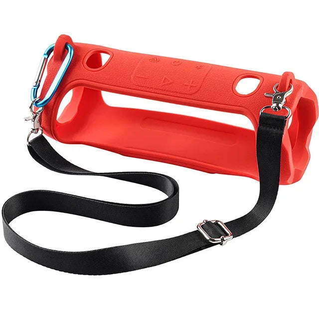 Red shockproof silicone protective case for a JBL Charge 6 speaker with a black strap.