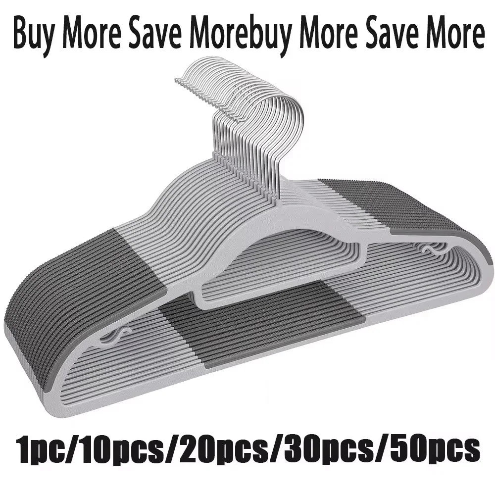 Gray anti-slip heavy-duty plastic hangers with rotating hooks shown in a flat lay view.