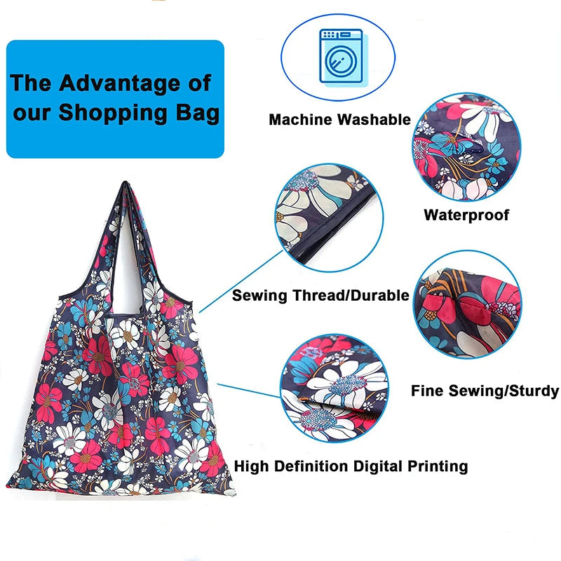 A reusable shopping bag featuring high-definition digital printing with floral patterns and a separate waterproof sewing thre