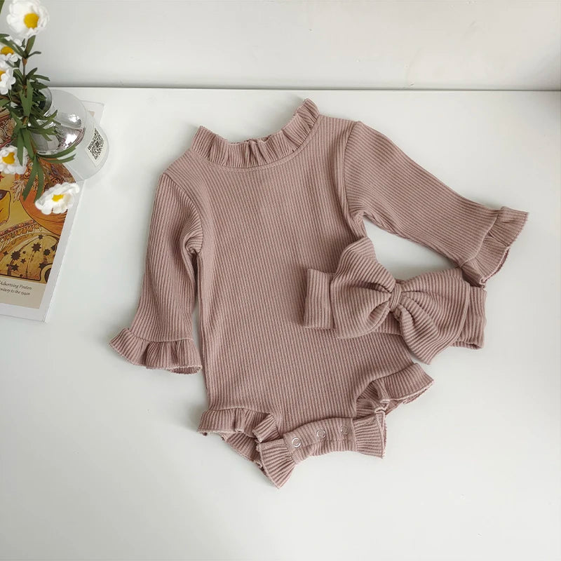 Cotton Romper Set with Bow Headband for Baby Girls
